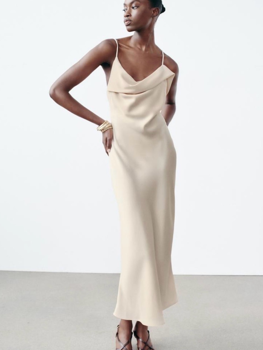 Zara Satin Cowl Neck Slip Dress in Cream
